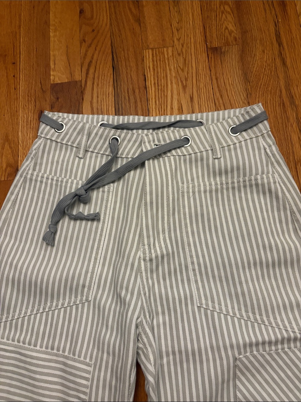 Striped Drawstring Waist Pants - Light Gray & White